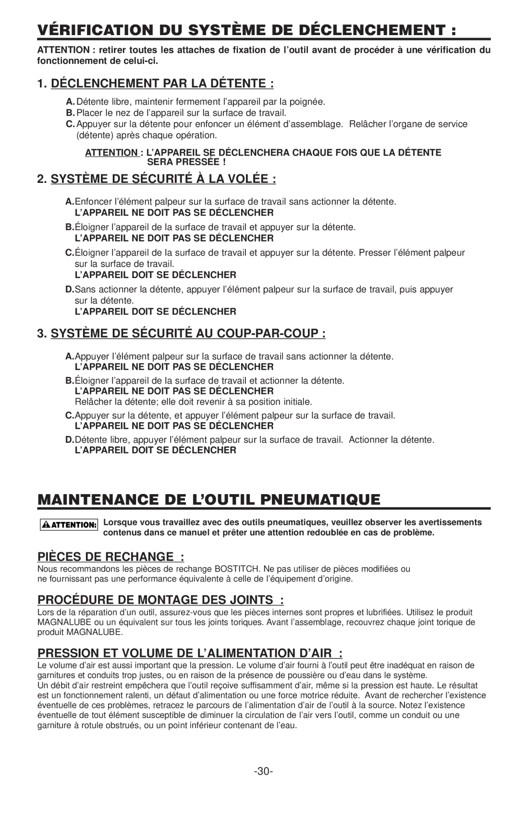 Inova USO56, SX150-BHF, SL150, SL125OC, S97125 Vérification DU Système DE Déclenchement, Maintenance DE L’OUTIL Pneumatique 