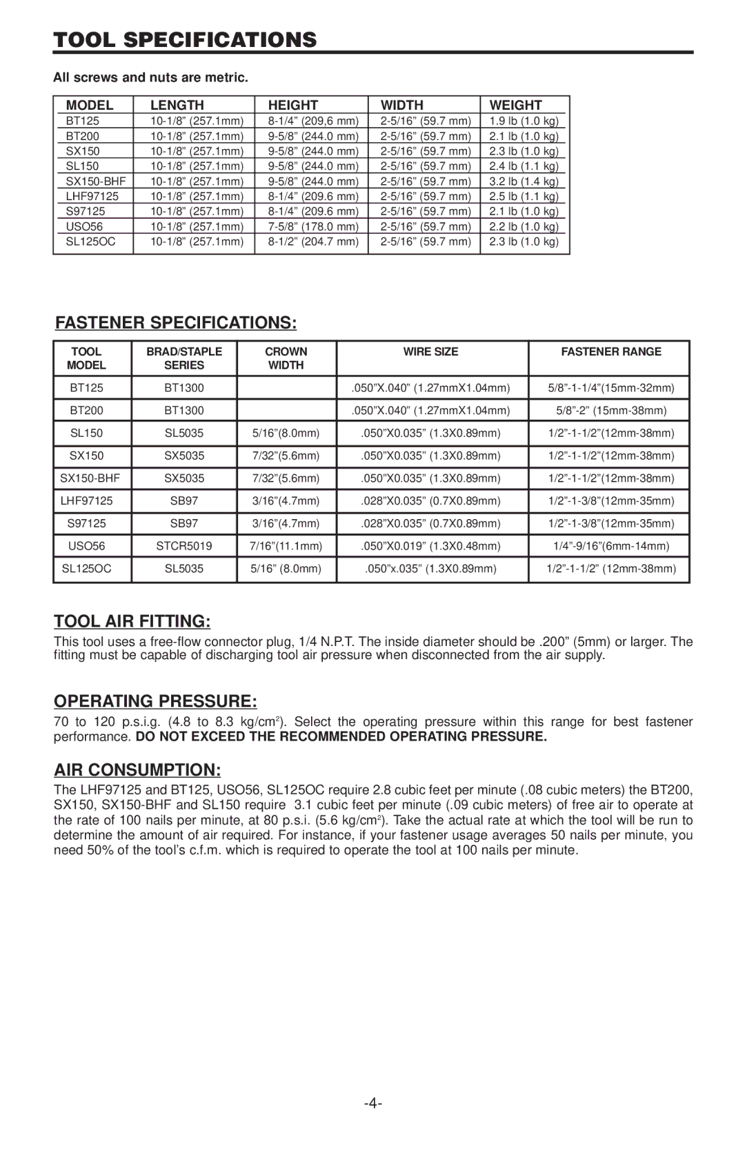 Inova SL125OC, SX150 Tool Specifications, Fastener Specifications, Tool AIR Fitting, Operating Pressure, AIR Consumption 