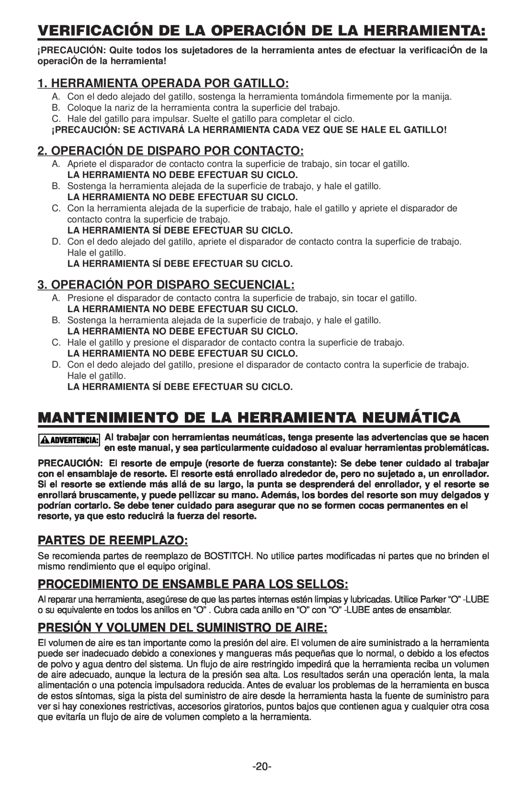 Inova SL150 Verificación De La Operación De La Herramienta, Mantenimiento De La Herramienta Neumática, Partes De Reemplazo 