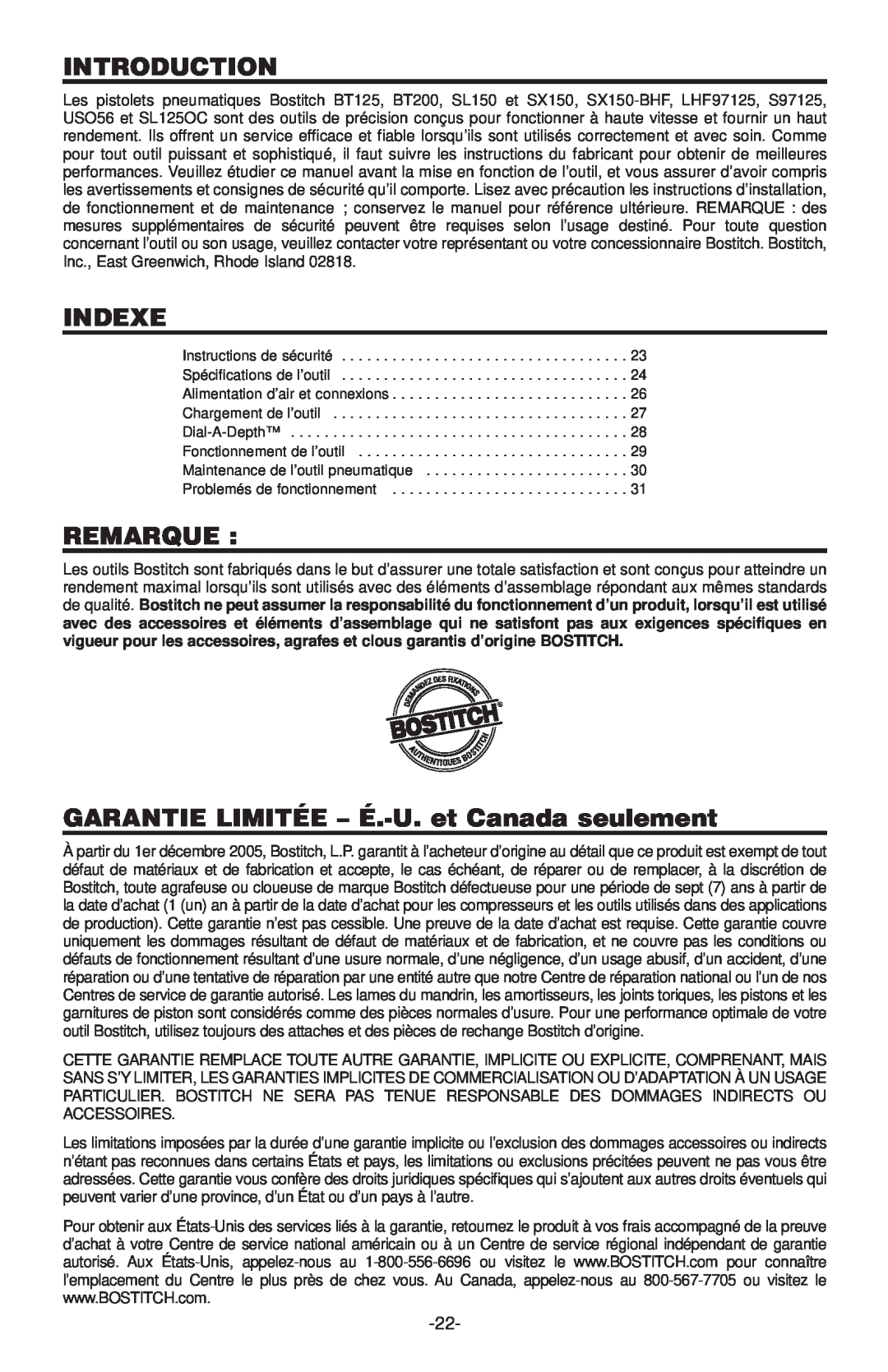 Inova SL125OC, SX150-BHF Indexe, Remarque, GARANTIE LIMITÉE - É.-U. et Canada seulement, Introduction, Fixati O N, Ques 
