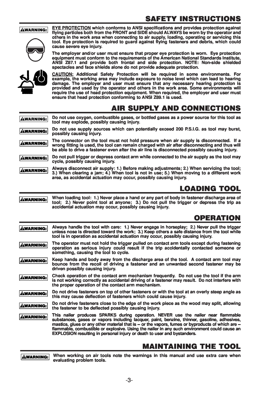 Inova USO56, SX150-BHF manual Safety Instructions, Air Supply And Connections, Loading Tool, Operation, Maintaining The Tool 