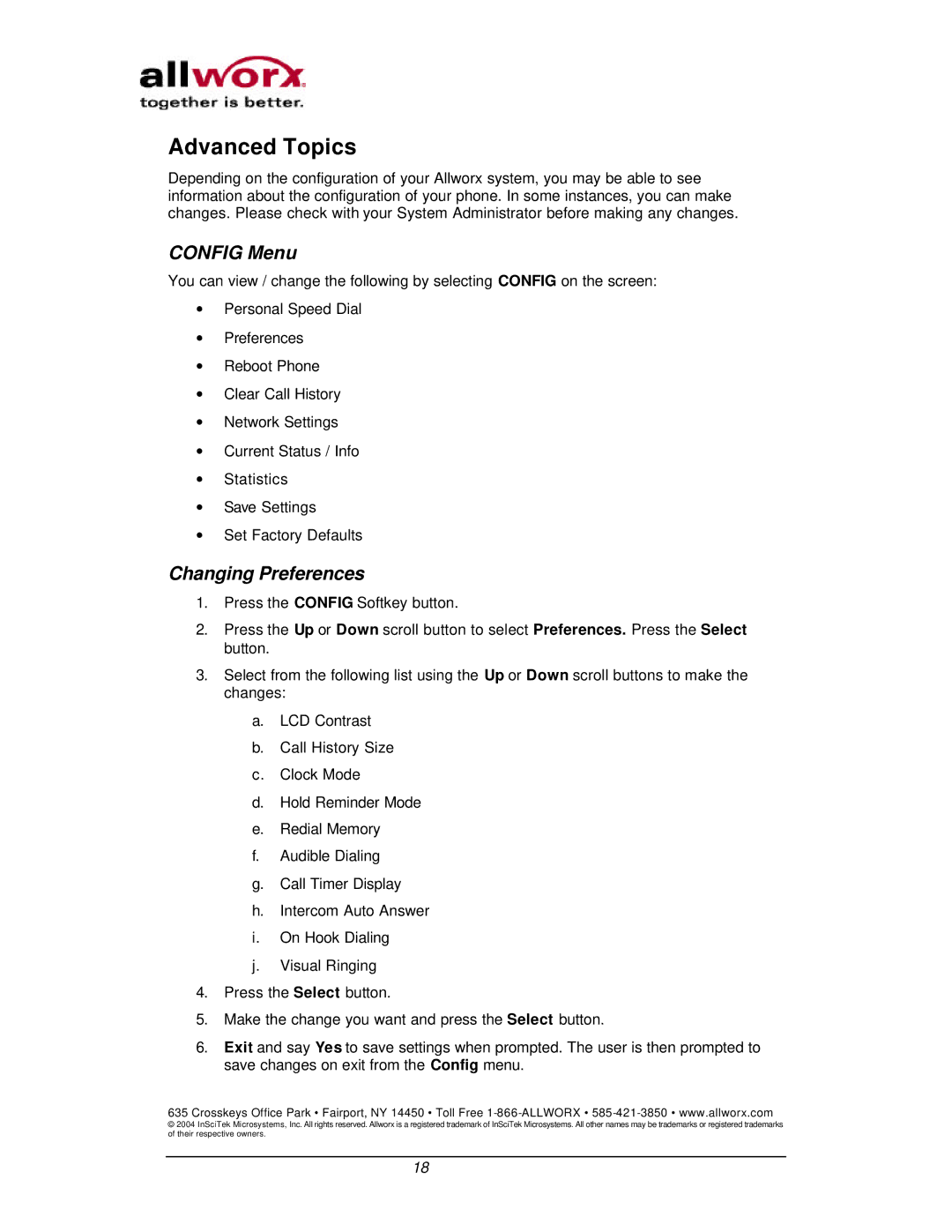 InSciTek Microsystems 9112, 9102 manual Advanced Topics, Config Menu, Changing Preferences 