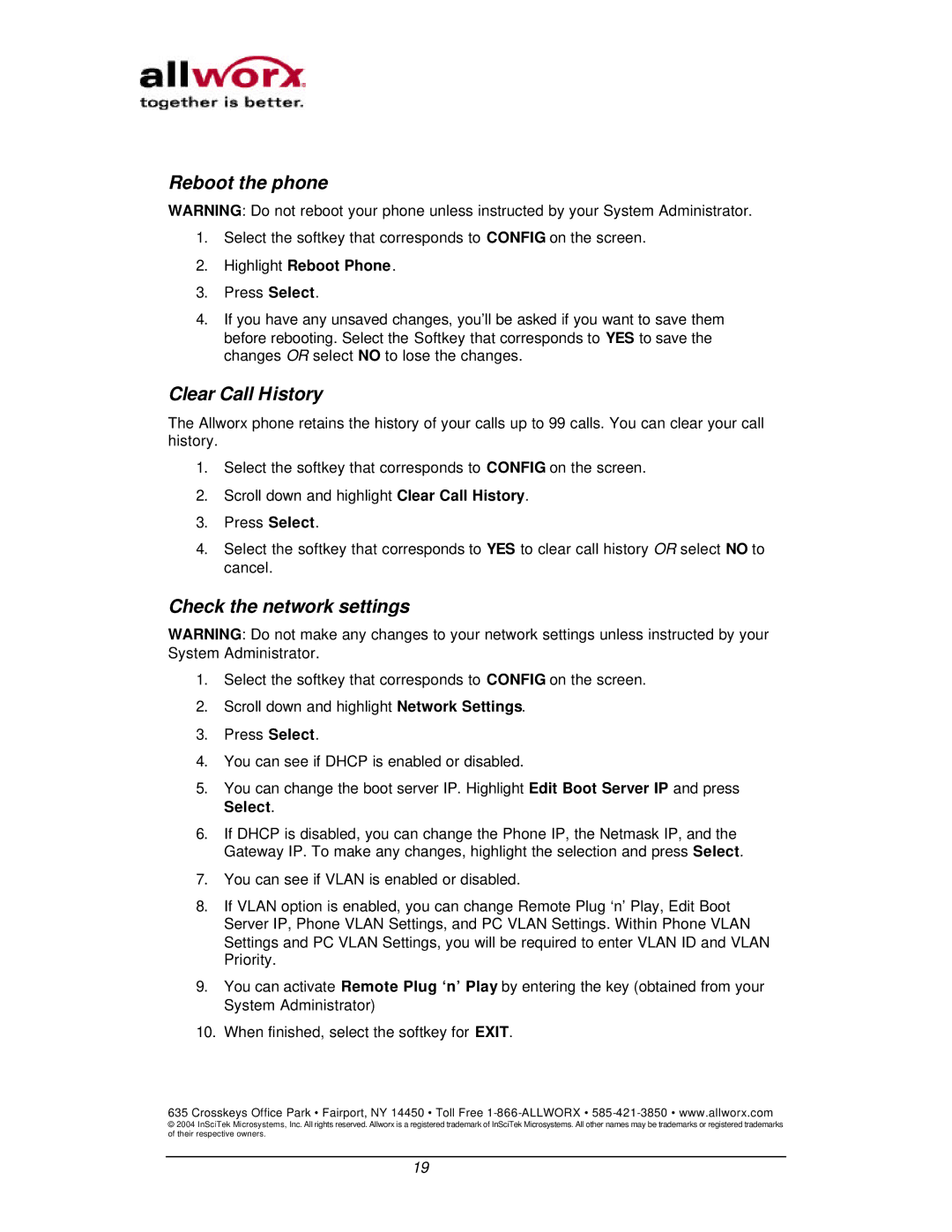 InSciTek Microsystems 9102, 9112 Reboot the phone, Clear Call History, Check the network settings, Highlight Reboot Phone 