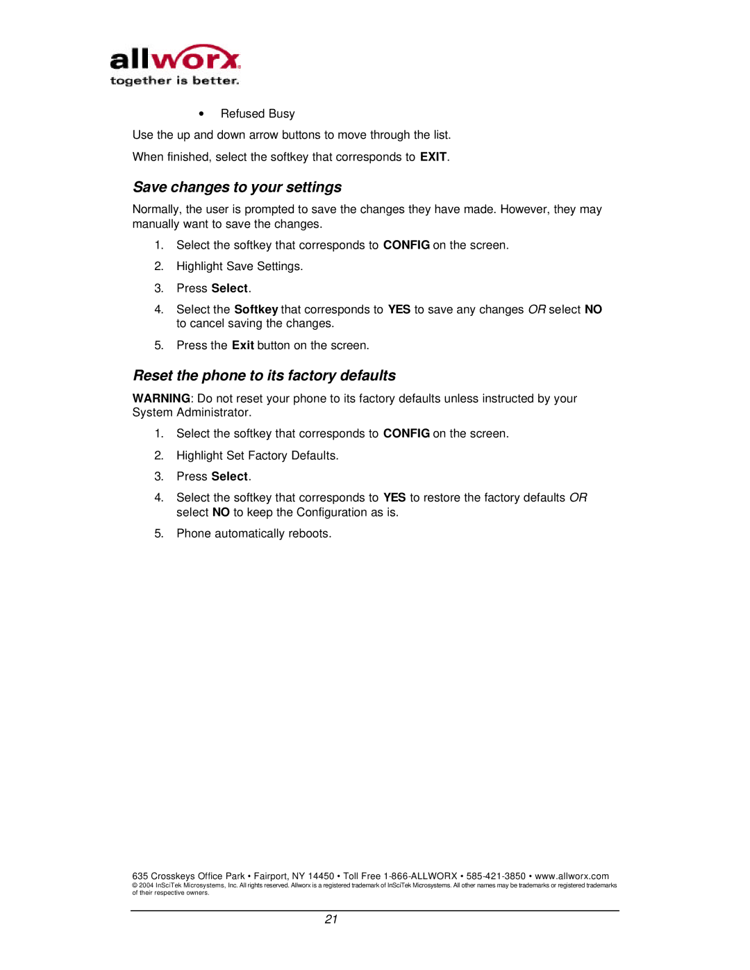 InSciTek Microsystems 9102, 9112 manual Save changes to your settings, Reset the phone to its factory defaults 