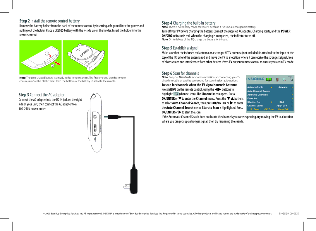 Insignia PBS1DTV, 09-0339 Install the remote control battery, Connect the AC adapter, Charging the built-in battery 