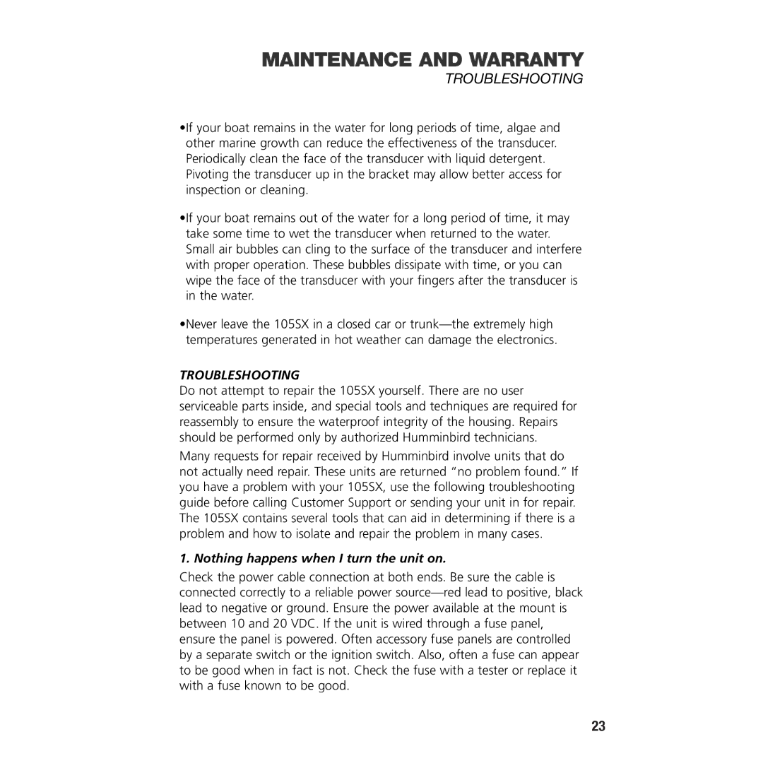 Insignia 105SX manual Troubleshooting, Nothing happens when I turn the unit on 