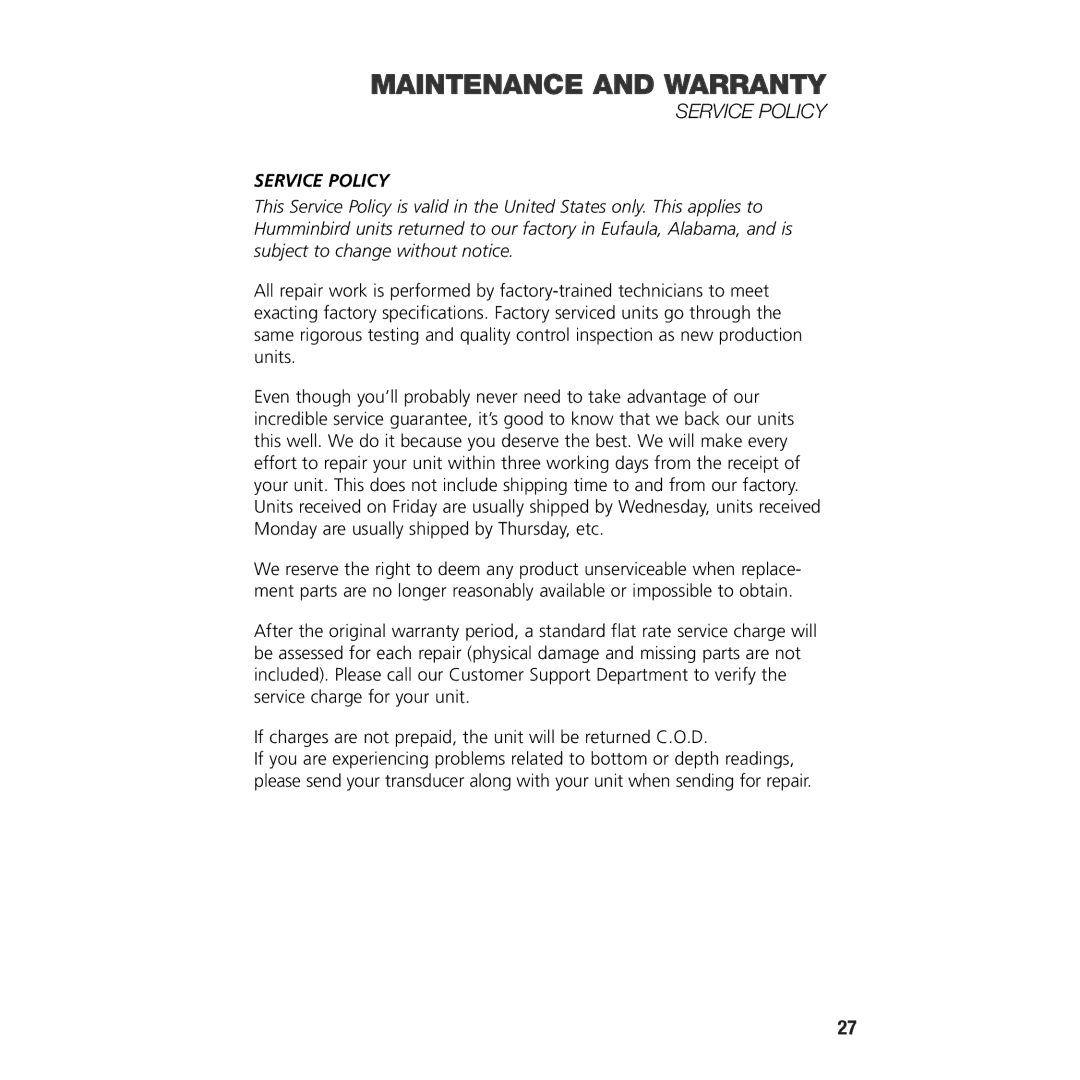 Insignia 105SX manual Service Policy 