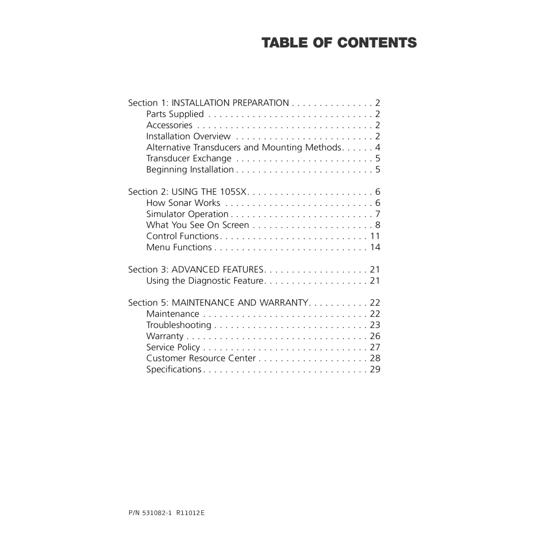 Insignia 105SX manual Table of Contents 