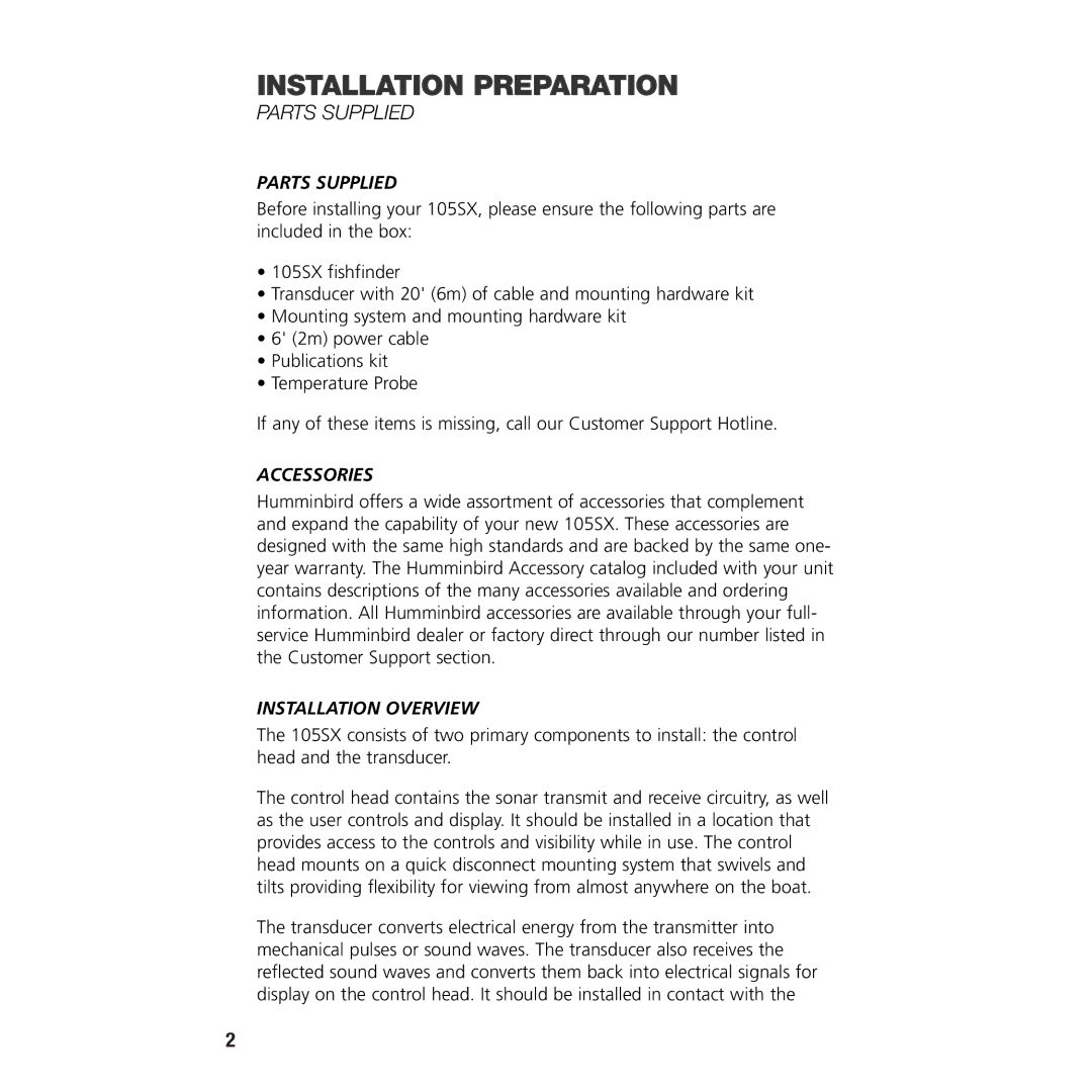 Insignia 105SX manual Installation Preparation, Parts Supplied, Accessories, Installation Overview 