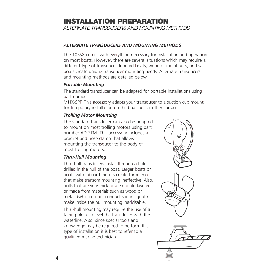 Insignia 105SX Alternate Transducers and Mounting Methods, Portable Mounting, Trolling Motor Mounting, Thru-Hull Mounting 