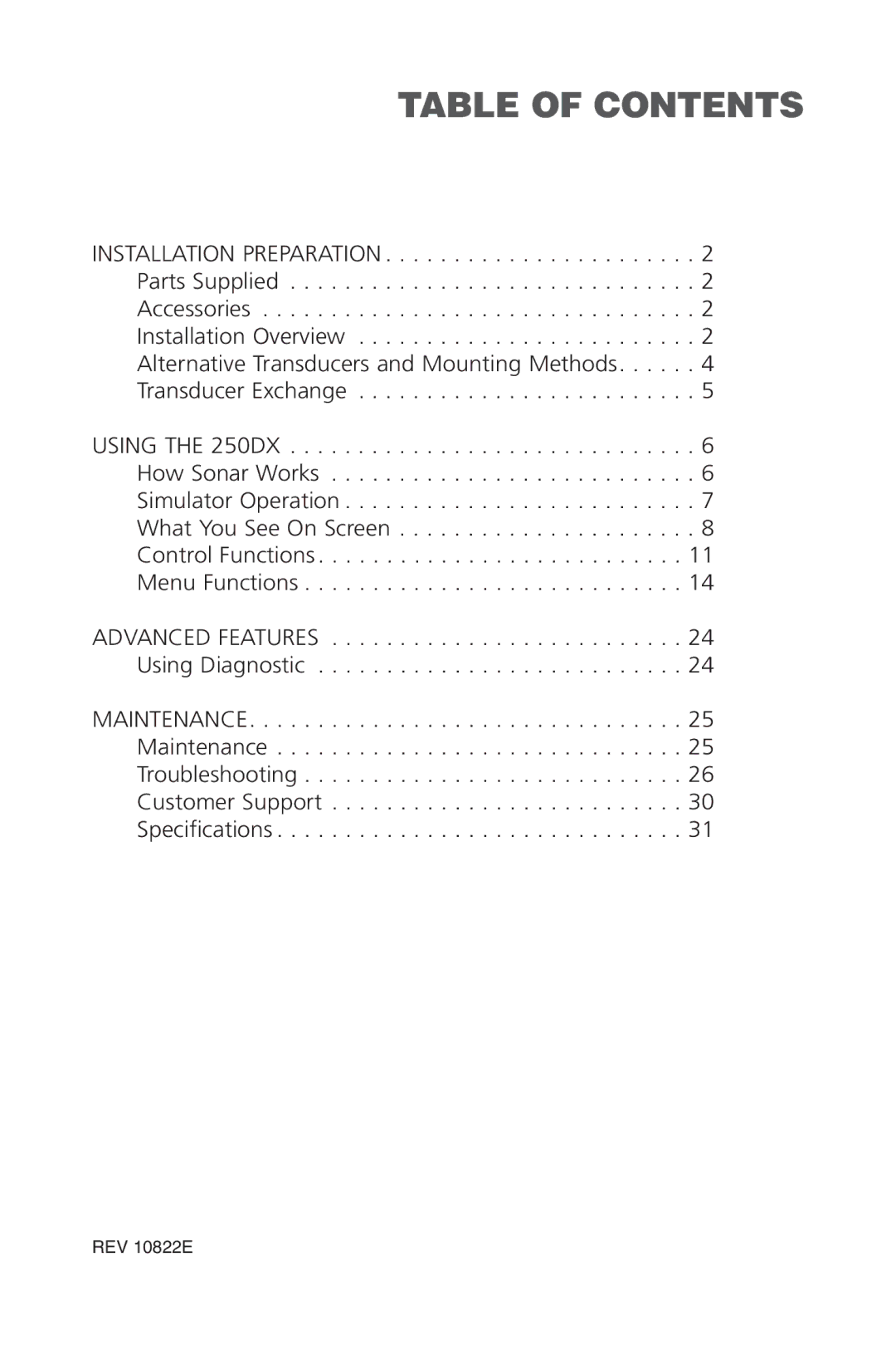 Insignia 250DX manual Table of Contents 