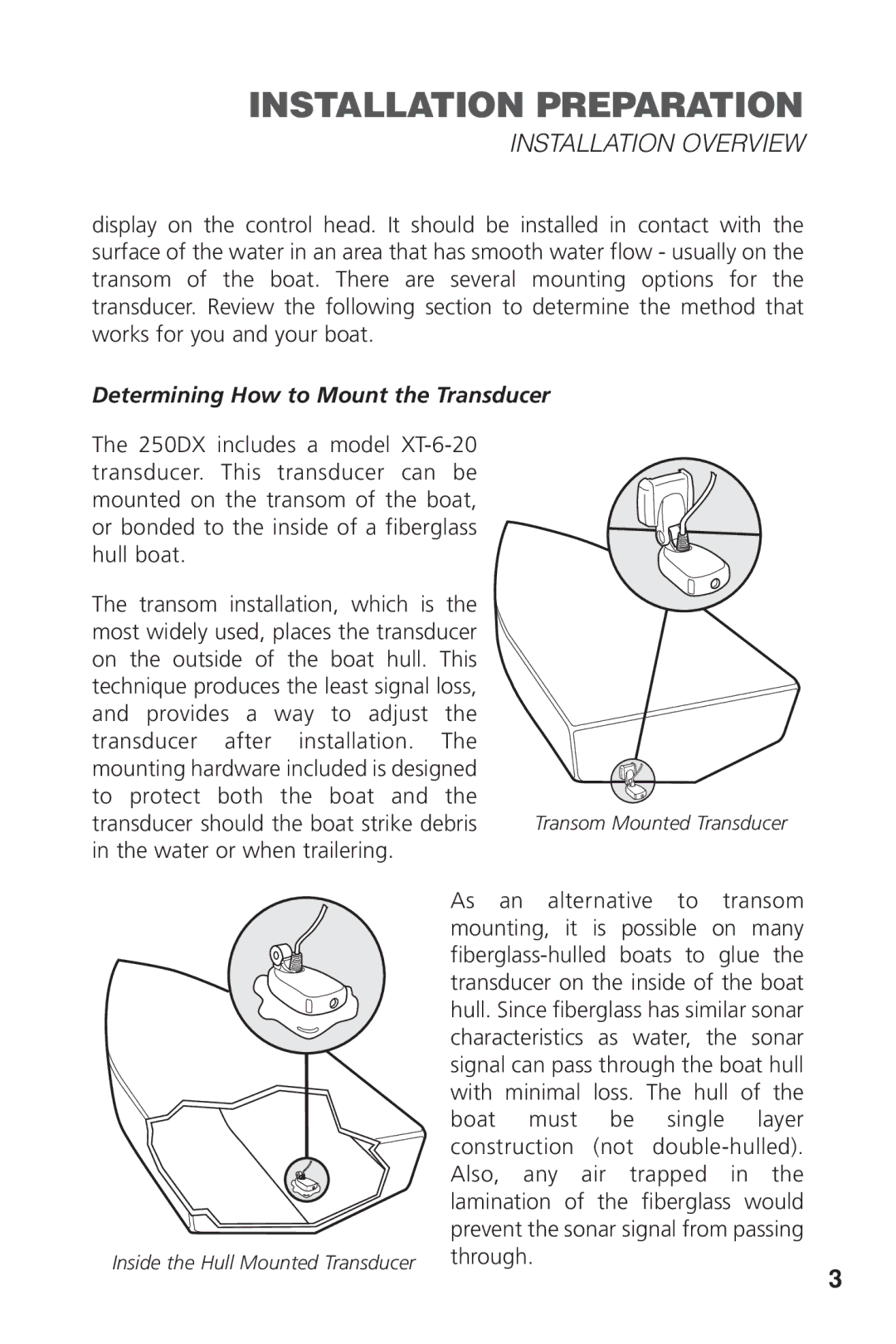 Insignia 250DX manual Installation Overview, Determining How to Mount the Transducer 