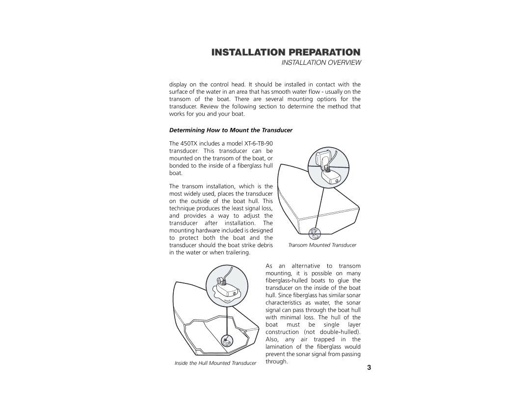 Insignia 450TX manual Installation Overview, Determining How to Mount the Transducer 