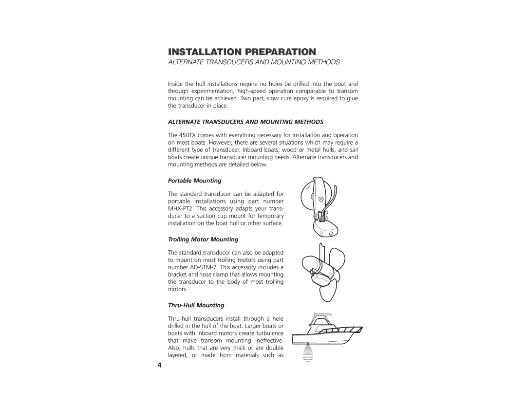 Insignia 450TX Alternate Transducers and Mounting Methods, Portable Mounting, Trolling Motor Mounting, Thru-Hull Mounting 