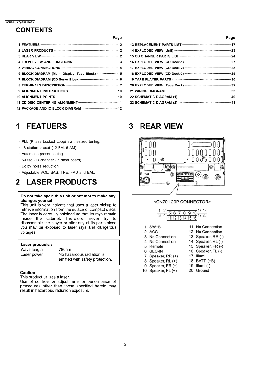 Insignia CQ-EH8160AK dimensions Featuers Rear View, Laser Products 