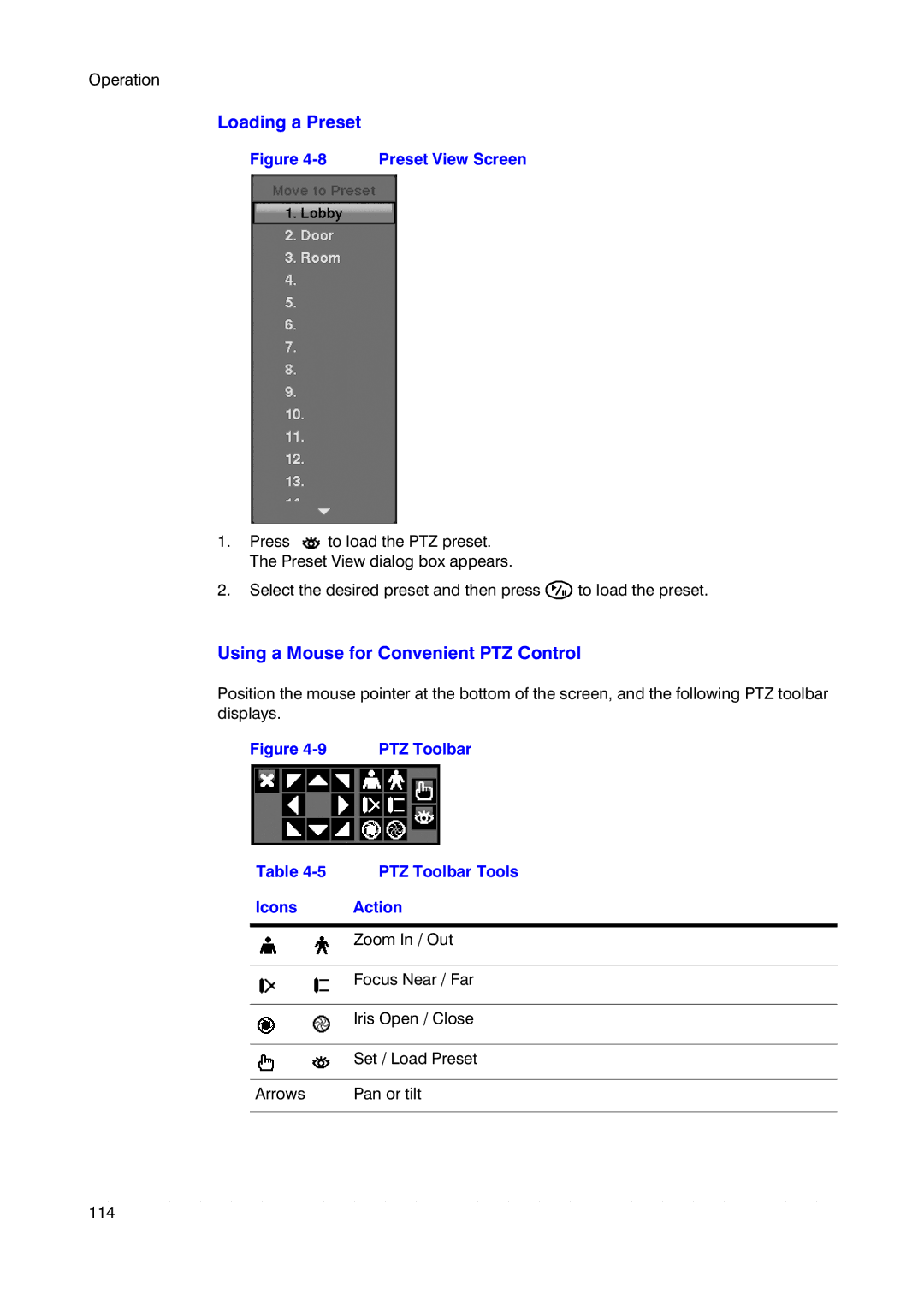 Insignia HRSD16 manual Loading a Preset, Using a Mouse for Convenient PTZ Control, PTZ Toolbar Tools Icons Action 