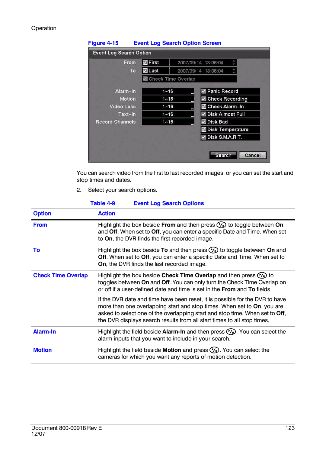 Insignia HRSD16 manual Event Log Search Options Action From, Alarm-In, Motion 