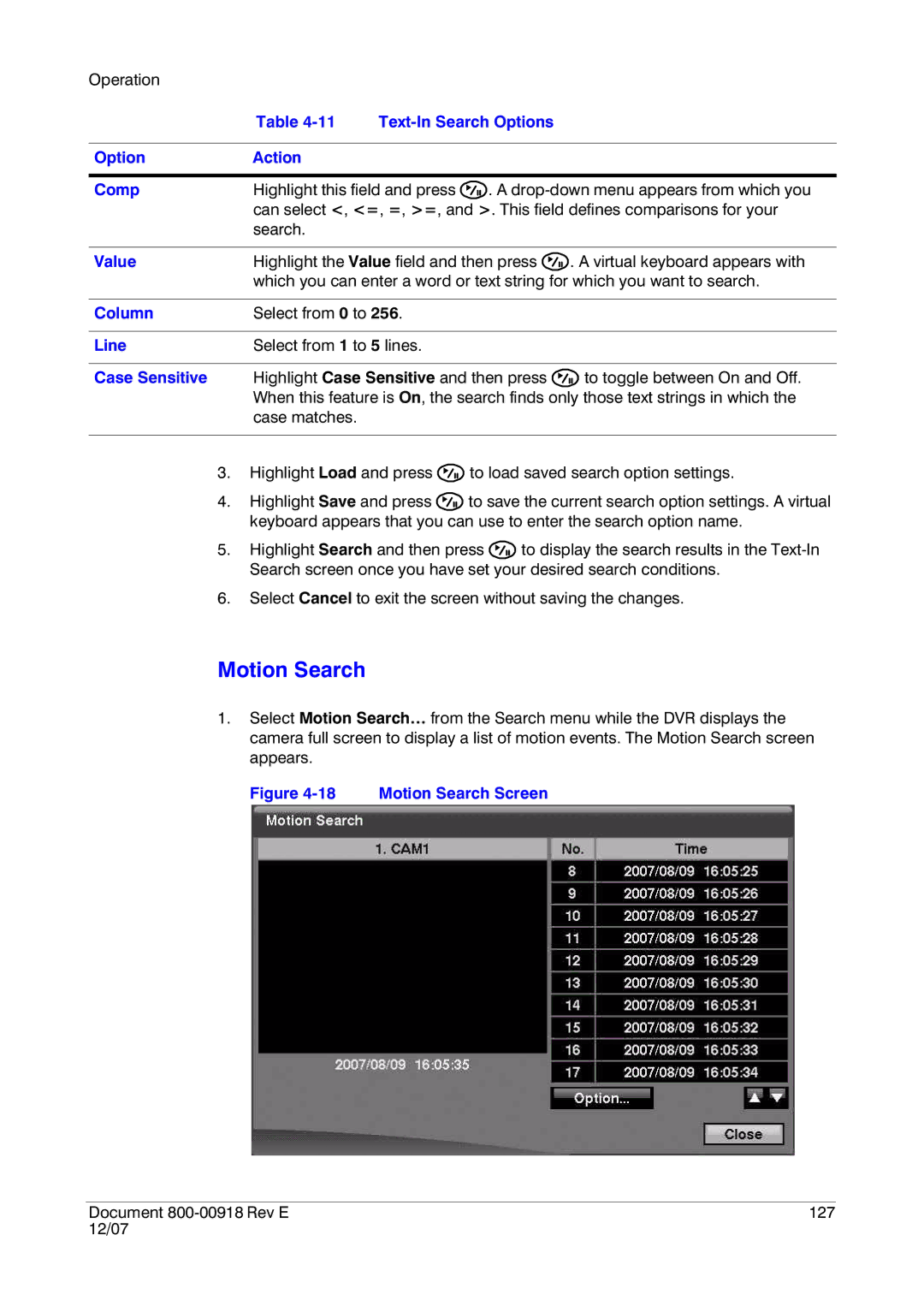 Insignia HRSD16 manual Motion Search, Text-In Search Options Action Comp, Value, Line 