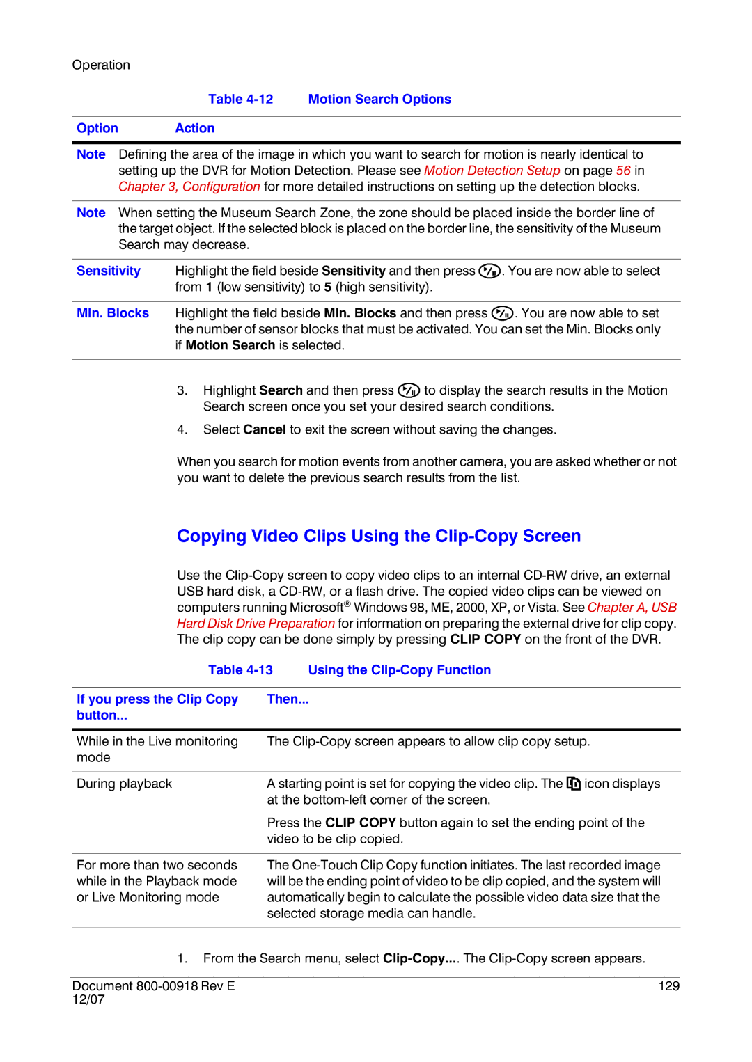 Insignia HRSD16 manual Copying Video Clips Using the Clip-Copy Screen, Motion Search Options Option Action Sensitivity 