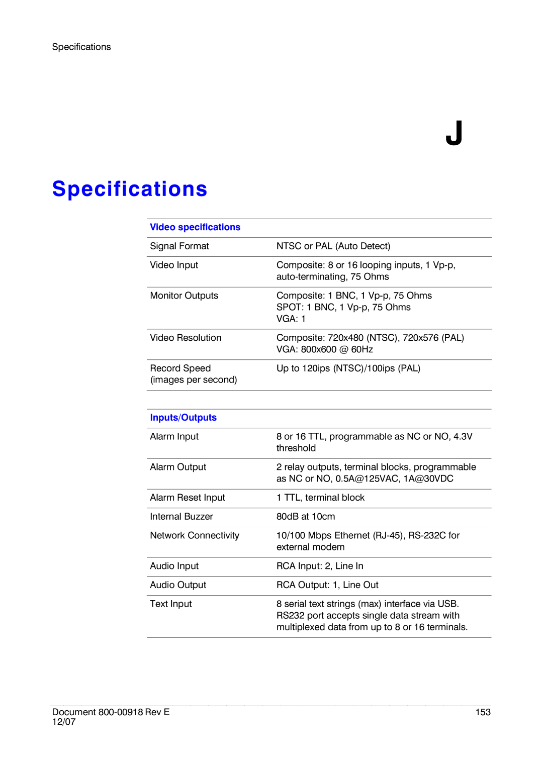 Insignia HRSD16 manual Specifications, Video specifications, Inputs/Outputs 