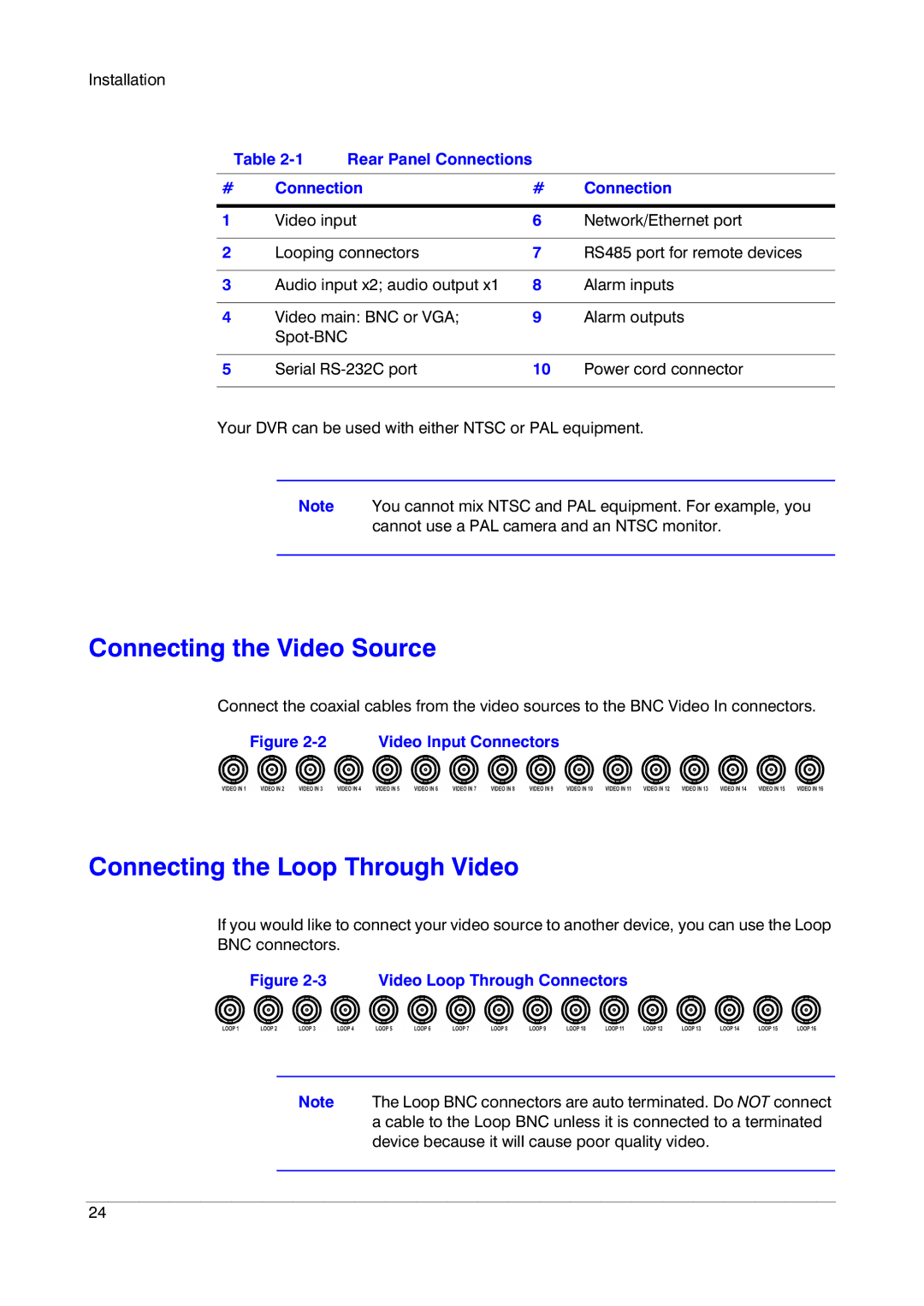 Insignia HRSD16 Connecting the Video Source, Connecting the Loop Through Video, Serial RS-232C port Power cord connector 