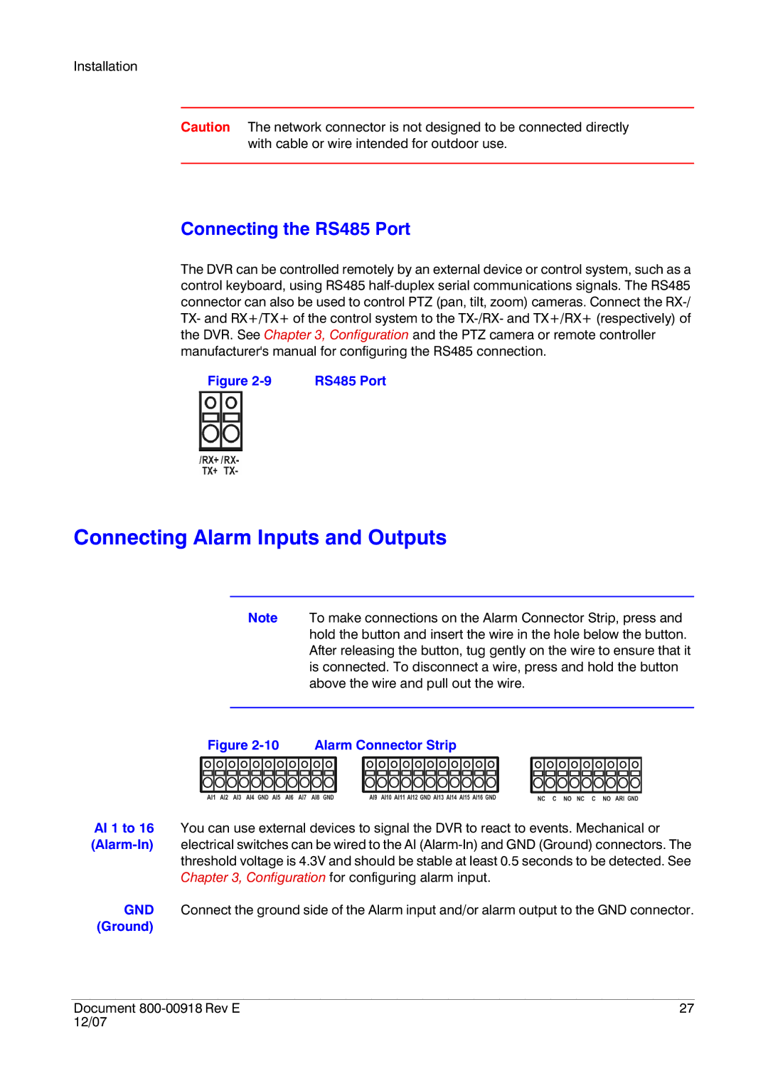 Insignia HRSD16 manual Connecting Alarm Inputs and Outputs, Connecting the RS485 Port, Ground 