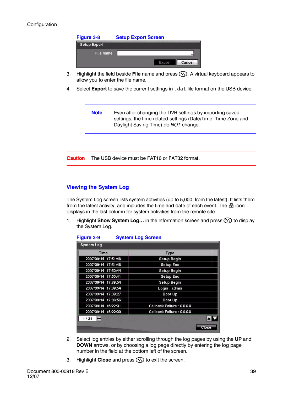 Insignia HRSD16 manual Viewing the System Log, Setup Export Screen 