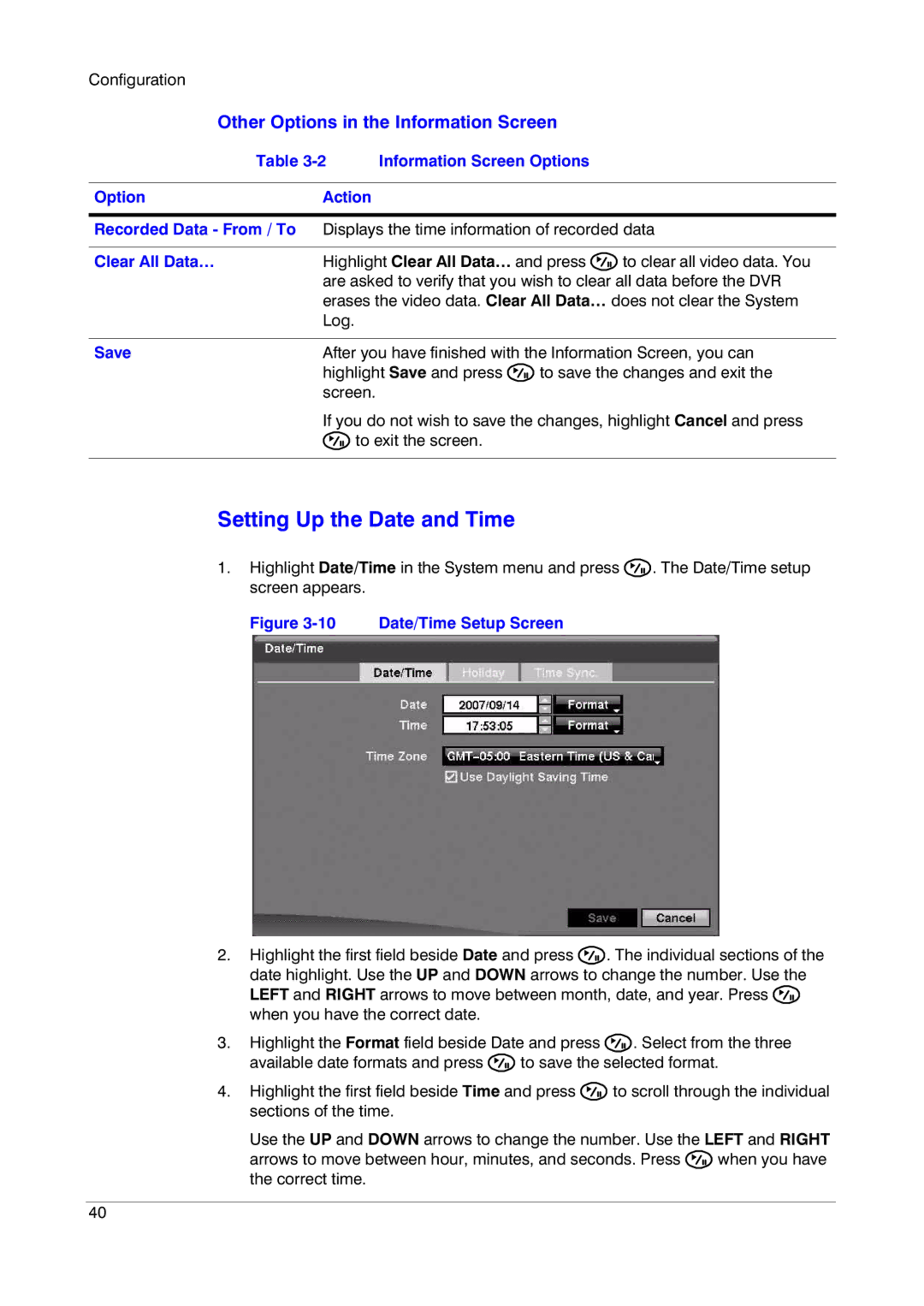 Insignia HRSD16 Setting Up the Date and Time, Other Options in the Information Screen, Information Screen Options Action 