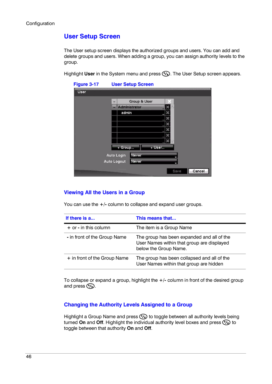 Insignia HRSD16 User Setup Screen, Viewing All the Users in a Group, Changing the Authority Levels Assigned to a Group 