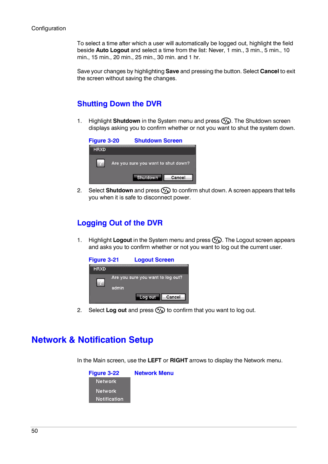 Insignia HRSD16 Network & Notification Setup, Shutting Down the DVR, Logging Out of the DVR, Logout Screen, Network Menu 