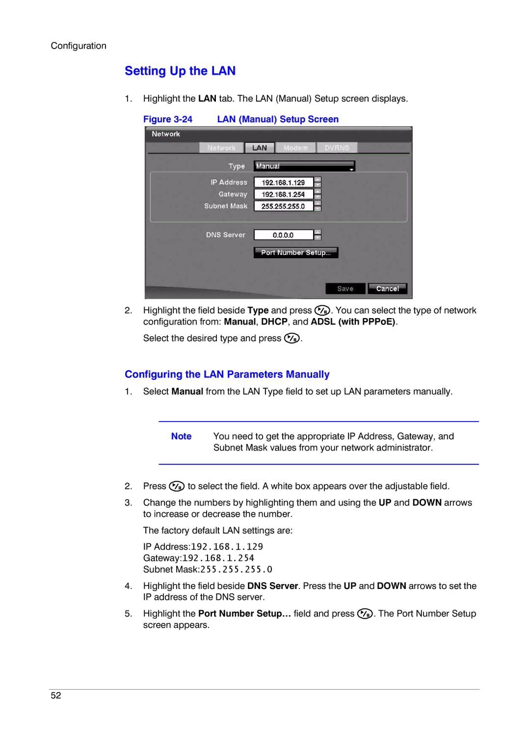 Insignia HRSD16 manual Setting Up the LAN, Configuring the LAN Parameters Manually 