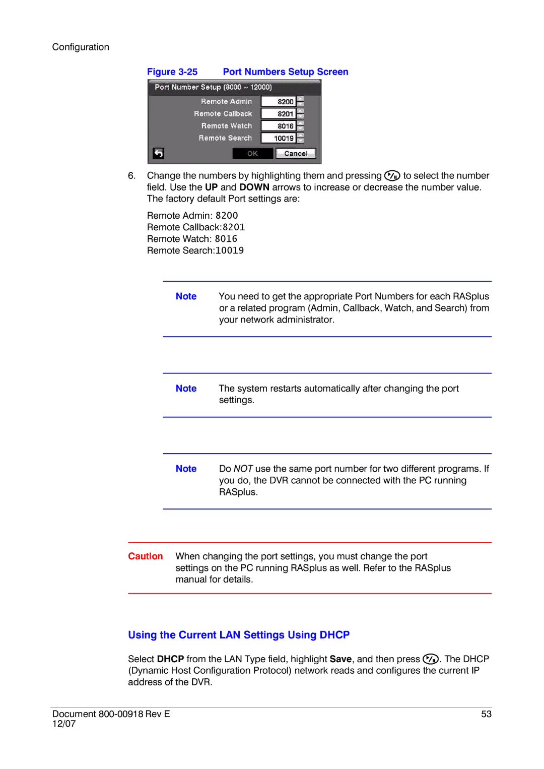 Insignia HRSD16 manual Using the Current LAN Settings Using Dhcp, Port Numbers Setup Screen 