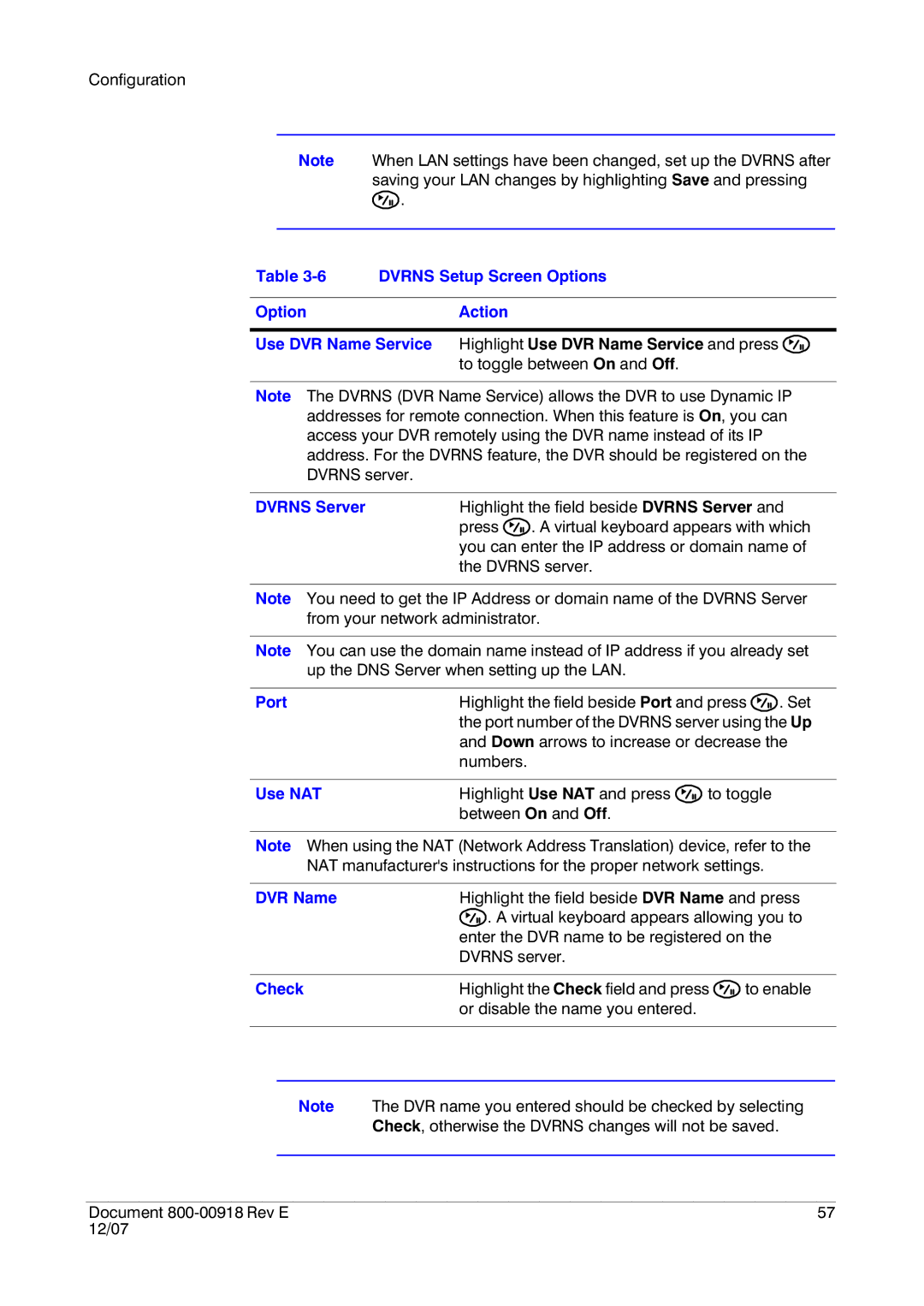 Insignia HRSD16 manual Dvrns Setup Screen Options OptionAction, Dvrns Server, Port, Use NAT, DVR Name, Check 