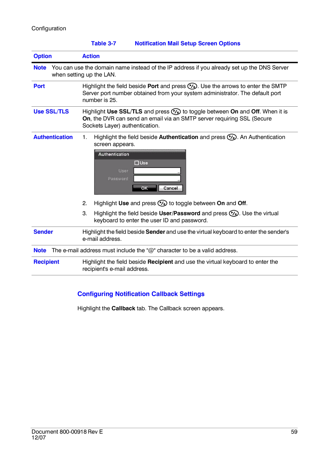 Insignia HRSD16 Configuring Notification Callback Settings, Notification Mail Setup Screen Options Option Action, Sender 