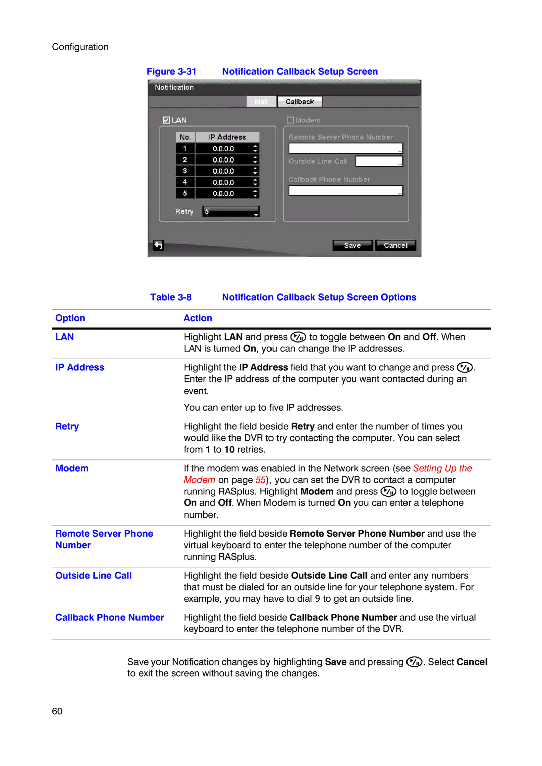 Insignia HRSD16 manual IP Address, Retry, Modem, Outside Line Call, Callback Phone Number 