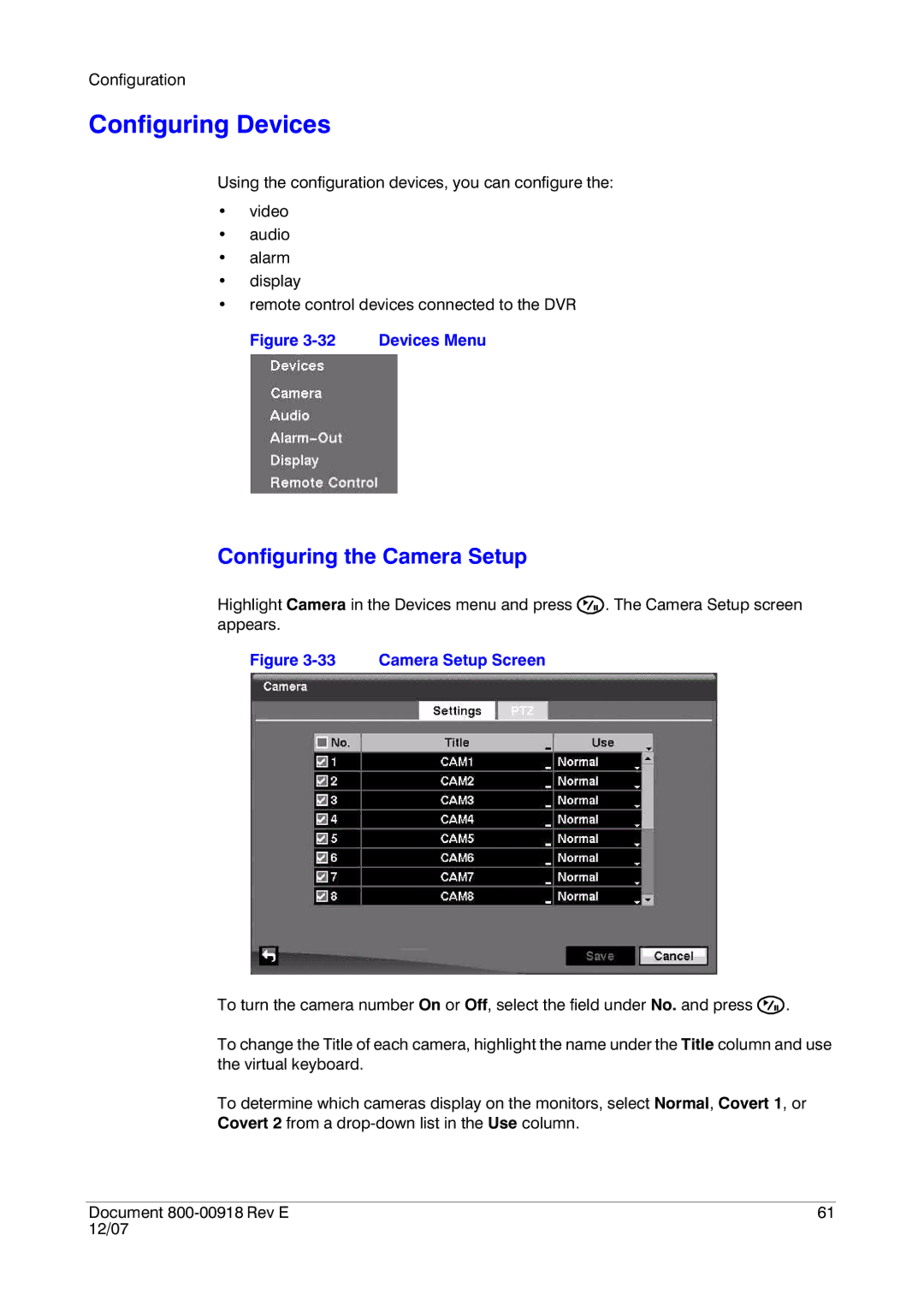 Insignia HRSD16 manual Configuring Devices, Configuring the Camera Setup, Devices Menu 