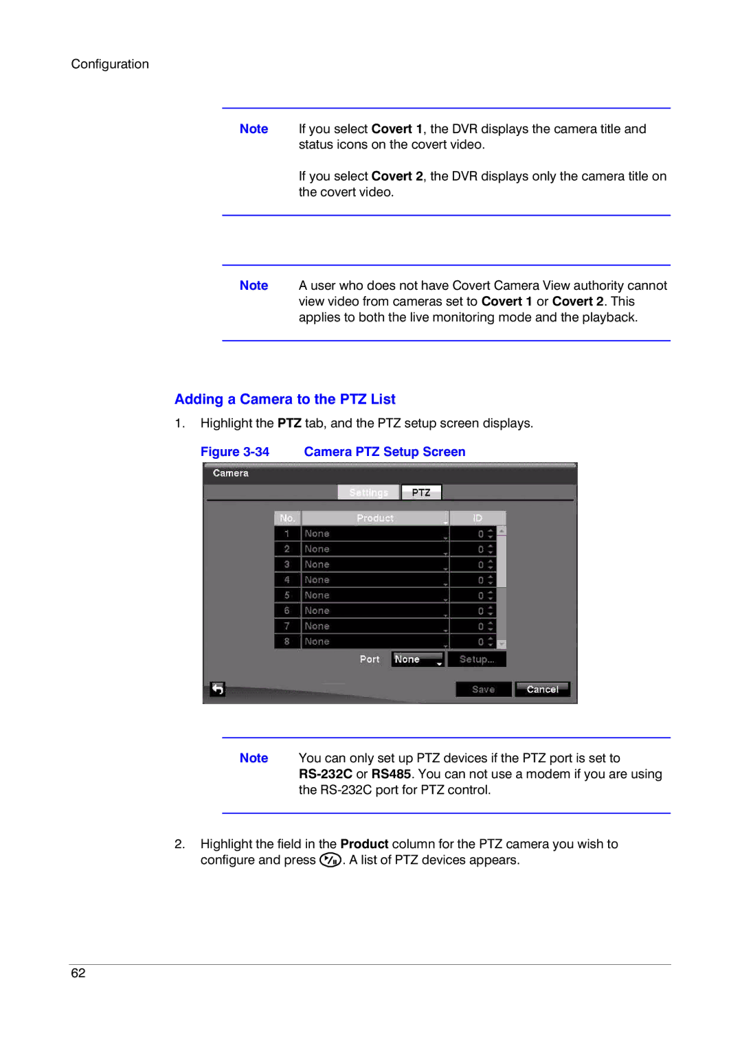 Insignia HRSD16 manual Adding a Camera to the PTZ List, Camera PTZ Setup Screen 