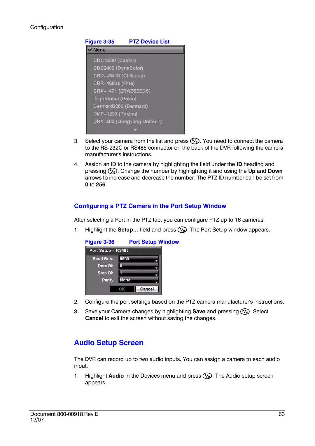 Insignia HRSD16 manual Audio Setup Screen, Configuring a PTZ Camera in the Port Setup Window, PTZ Device List 