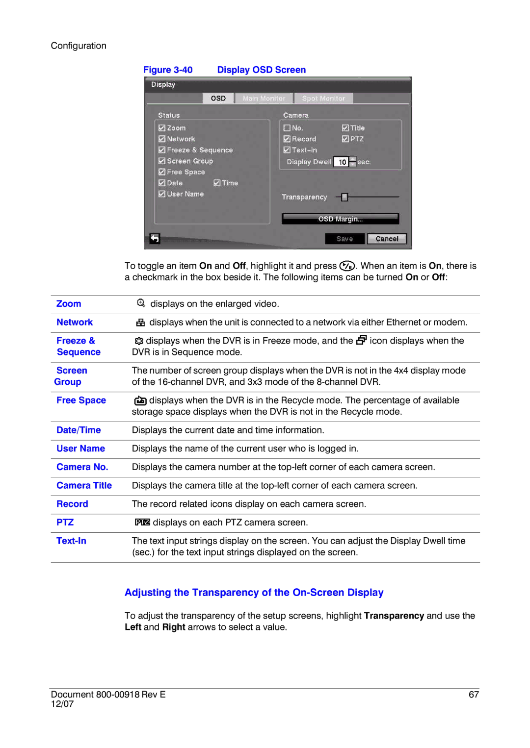 Insignia HRSD16 manual Adjusting the Transparency of the On-Screen Display 