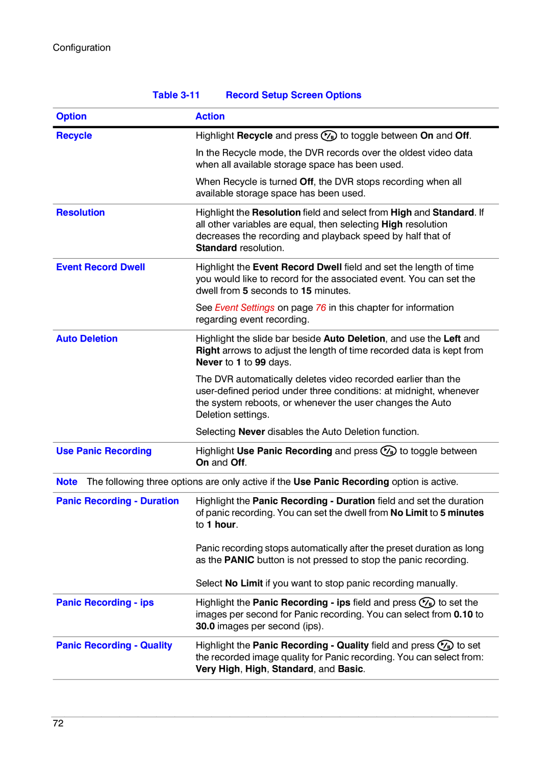 Insignia HRSD16 manual Record Setup Screen Options Action Recycle, Resolution, Event Record Dwell, Auto Deletion 