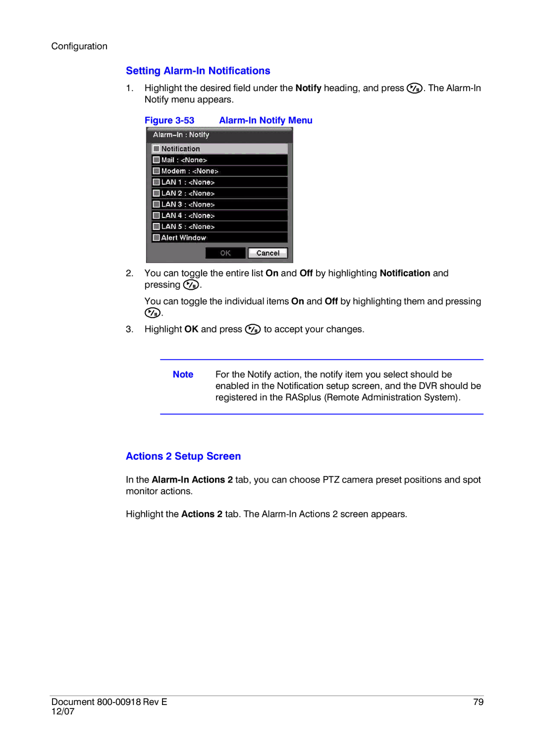 Insignia HRSD16 manual Setting Alarm-In Notifications, Actions 2 Setup Screen 