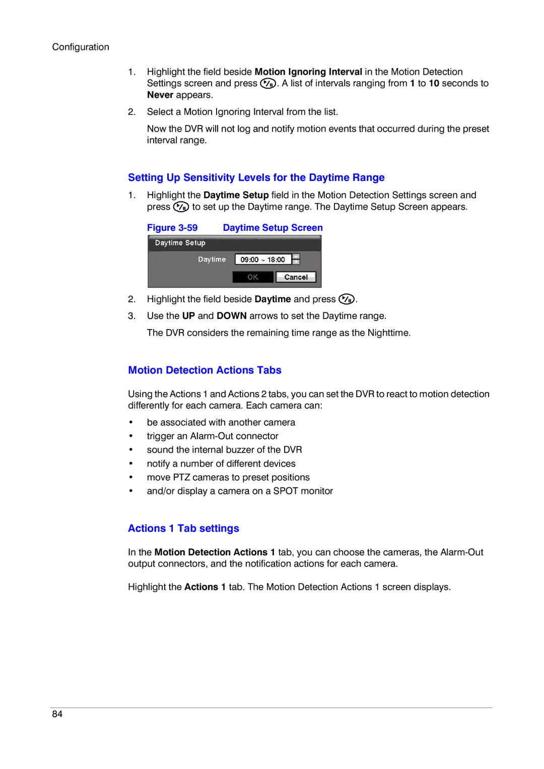 Insignia HRSD16 Setting Up Sensitivity Levels for the Daytime Range, Motion Detection Actions Tabs, Actions 1 Tab settings 