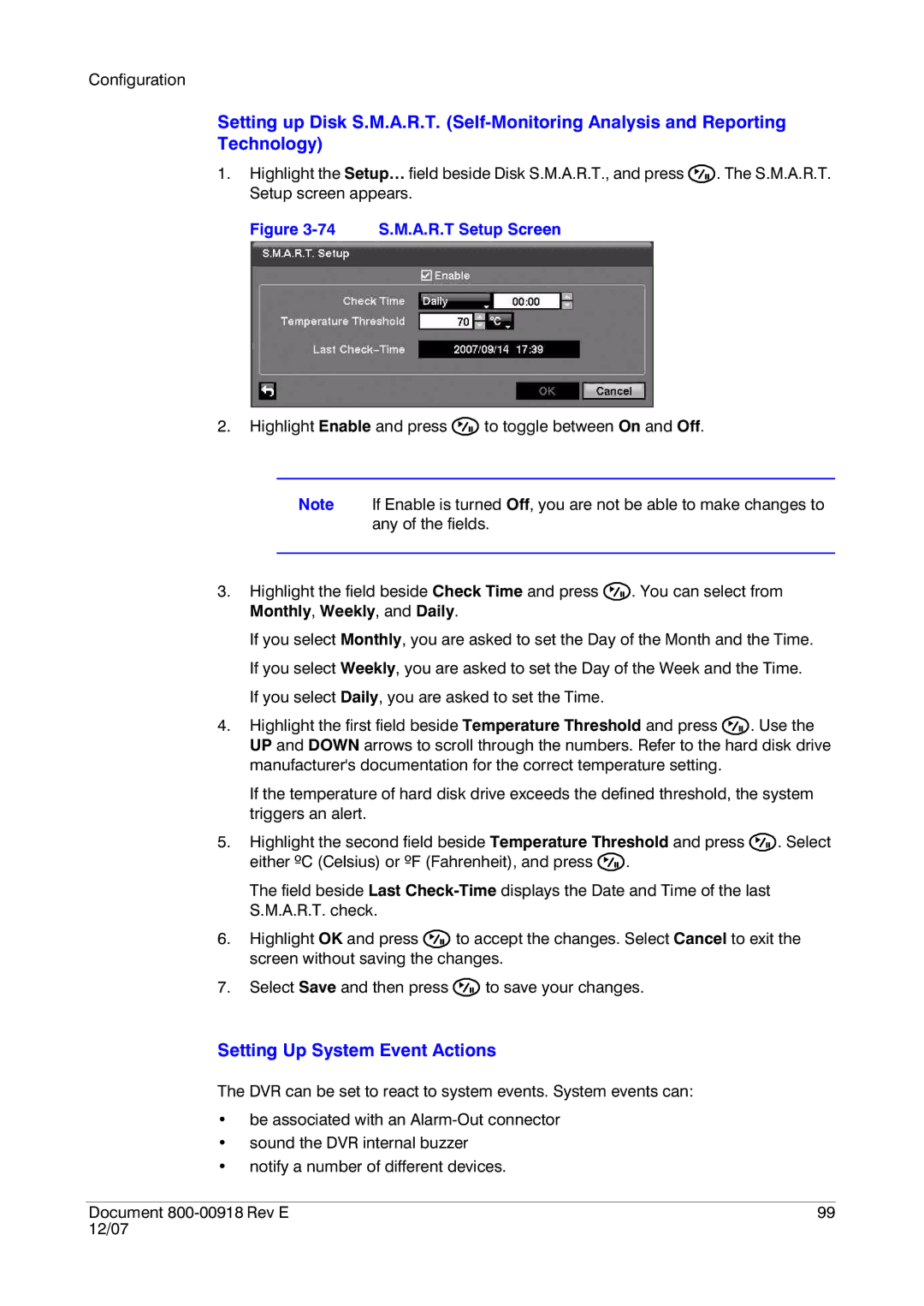 Insignia HRSD16 manual Setting Up System Event Actions, 74 S.M.A.R.T Setup Screen 