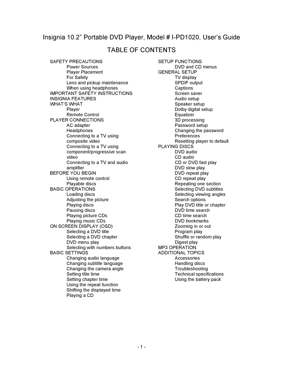 Insignia I-PD1020 important safety instructions Table of Contents 