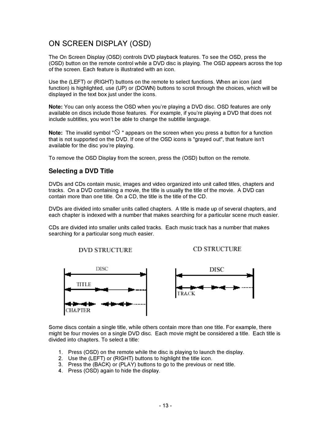 Insignia I-PD1020 important safety instructions On Screen Display OSD, Selecting a DVD Title 