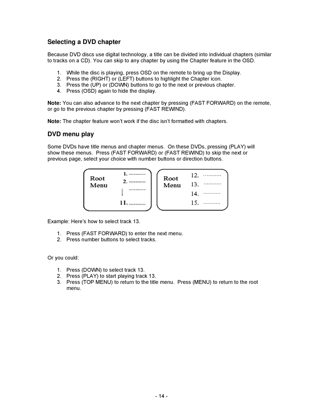 Insignia I-PD1020 important safety instructions Selecting a DVD chapter, DVD menu play 