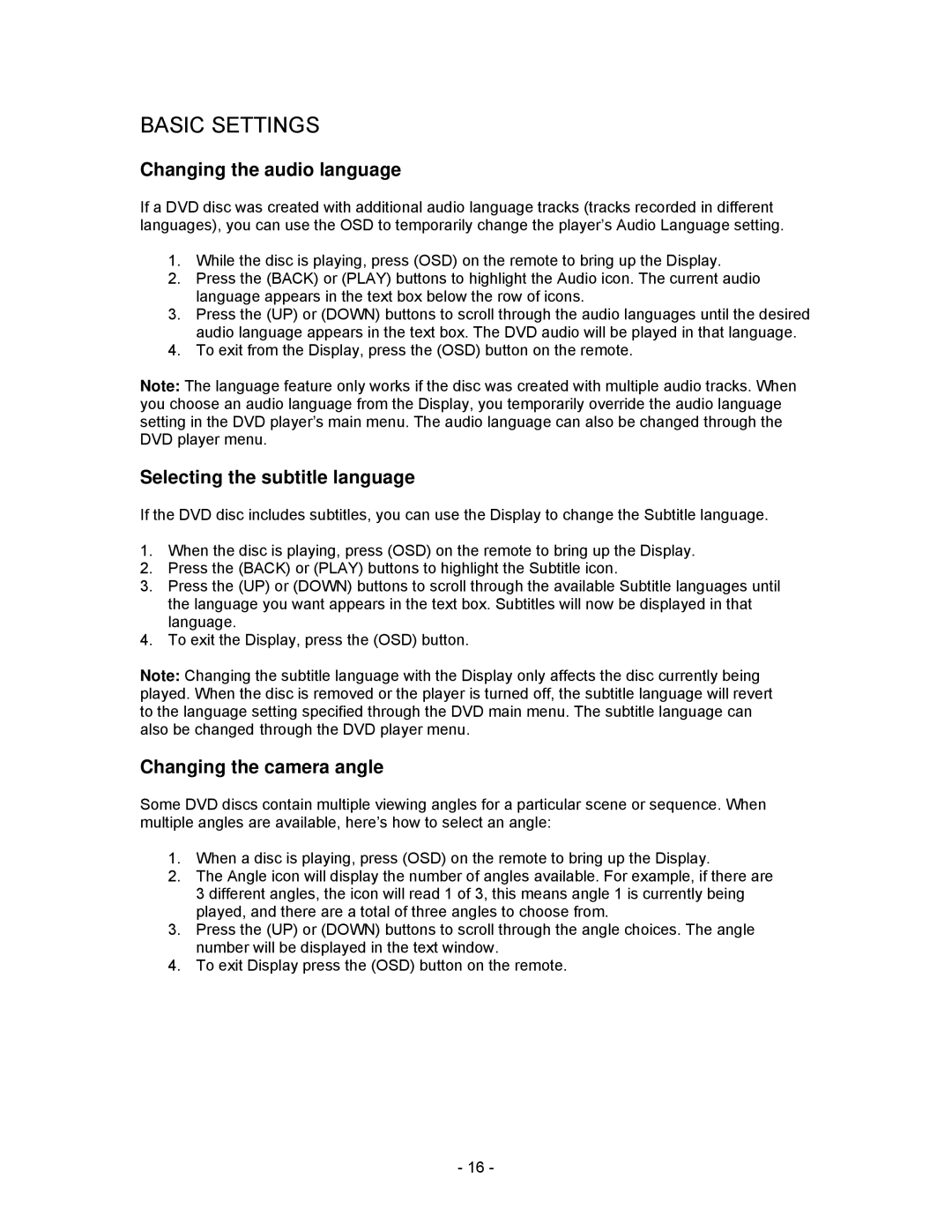 Insignia I-PD1020 Basic Settings, Changing the audio language, Selecting the subtitle language, Changing the camera angle 