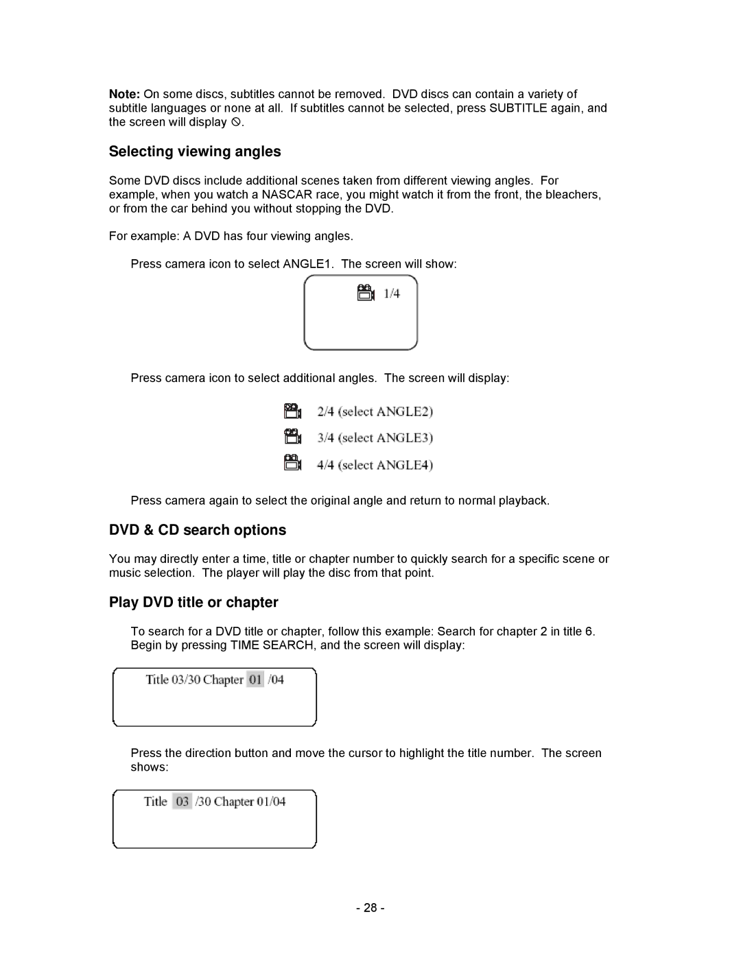 Insignia I-PD1020 Selecting viewing angles, DVD & CD search options, Play DVD title or chapter 