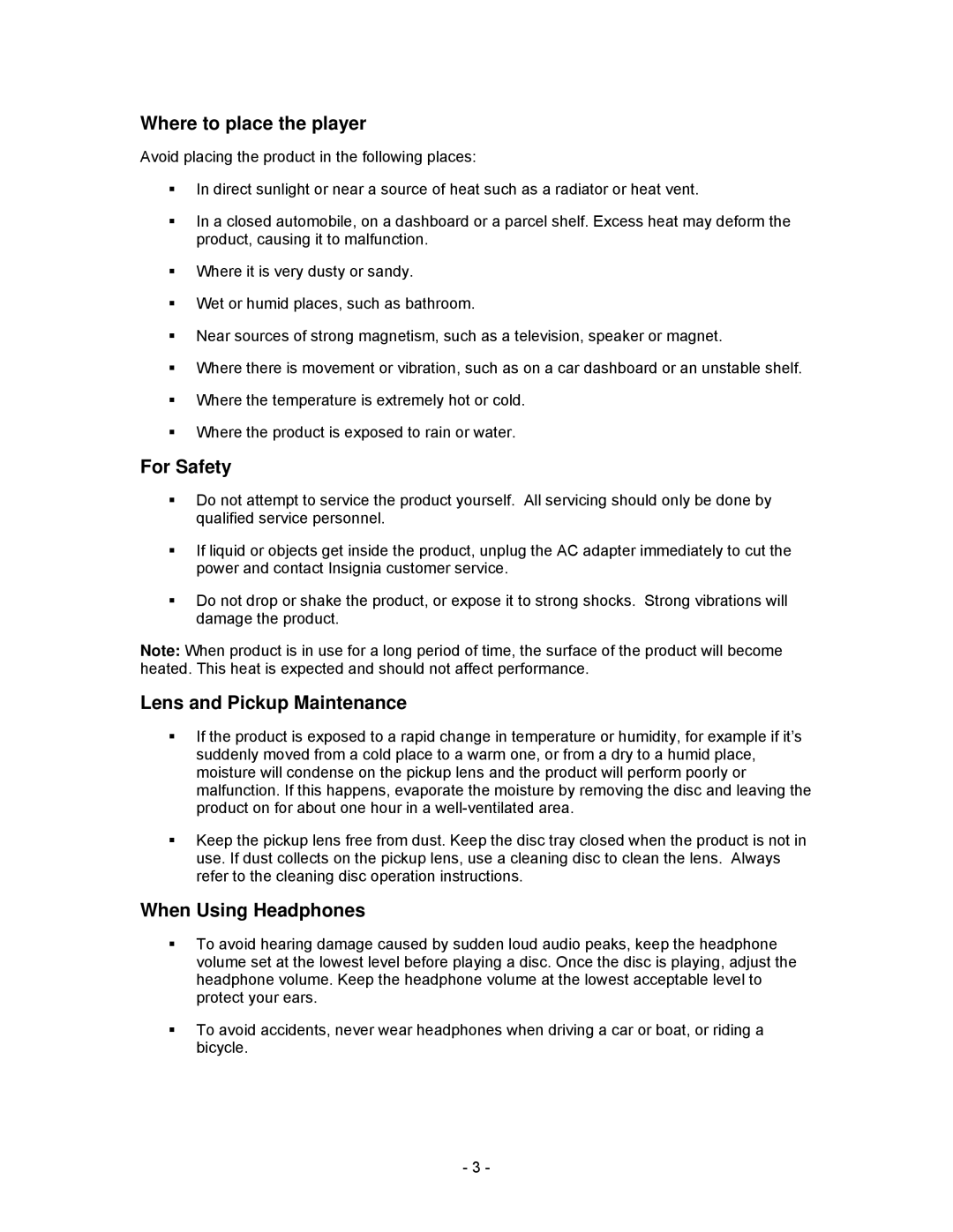 Insignia I-PD1020 Where to place the player, For Safety, Lens and Pickup Maintenance, When Using Headphones 