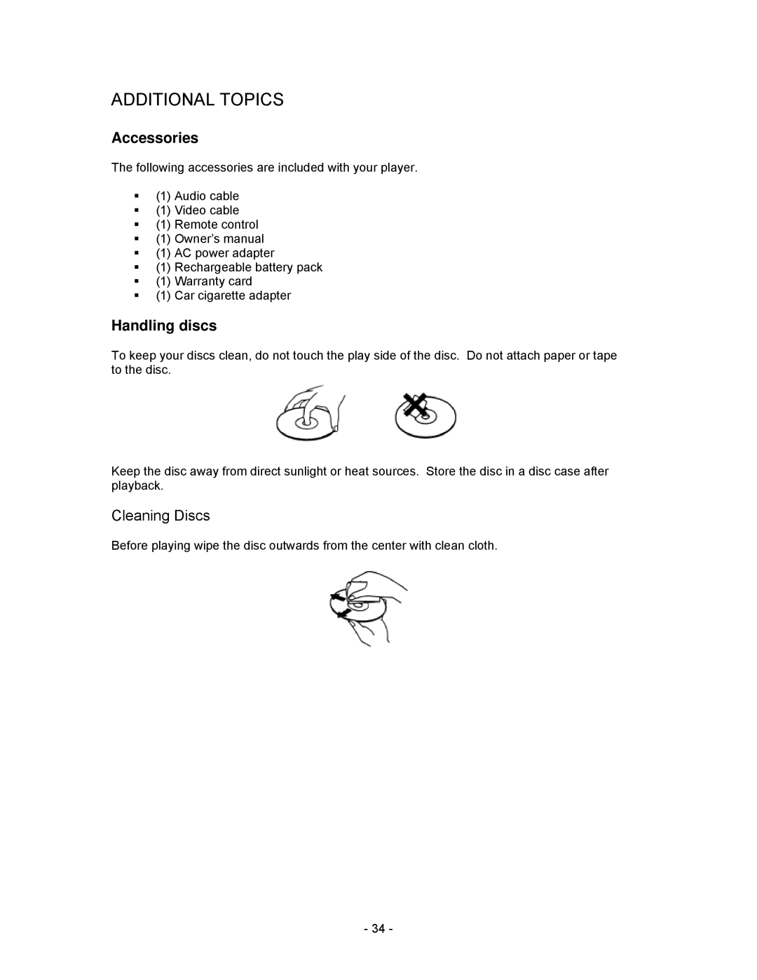 Insignia I-PD1020 important safety instructions Additional Topics, Accessories, Handling discs, Cleaning Discs 